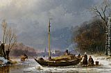 Andreas Schelfhout A Wintry Scene with Figures near a Boat on the Ice painting